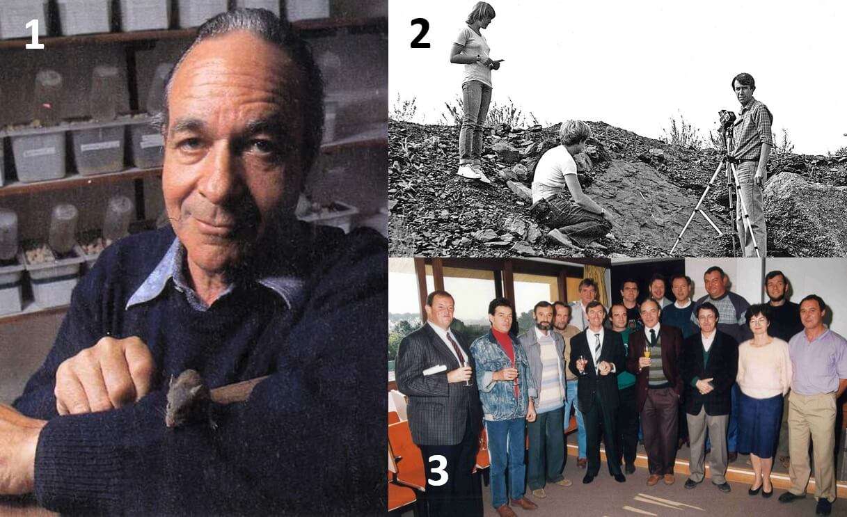 1) Louis Thaler dans les années 80 ©DR 2) L’équipe de paléobotanique sur le terrain (de droite à gauche : Brigitte Meyer-Berthaud, John Holmes, Jean Galtier) en 1985 3) Equipe de Paléontologie en 1988 à l’occasion de la remise de la médaille de bronze du CNRS à Henri Cappetta (de gauche à droite, en bas : Jean-Jacques Jaeger, Jean-Yves Crochet, Claude Requirand, Bernard Sigé, Henri Cappetta, Bernard Marandat, Louis Thaler, Jean-Louis Hartenberger, Monique Vianey-Liaud, Jean-Pierre Aguilar ; en haut : Jean Sudre ; Bernard Orth, Serge Legendre, Jacques Michaux, Lucien Combes, Jean-Marie Leroux