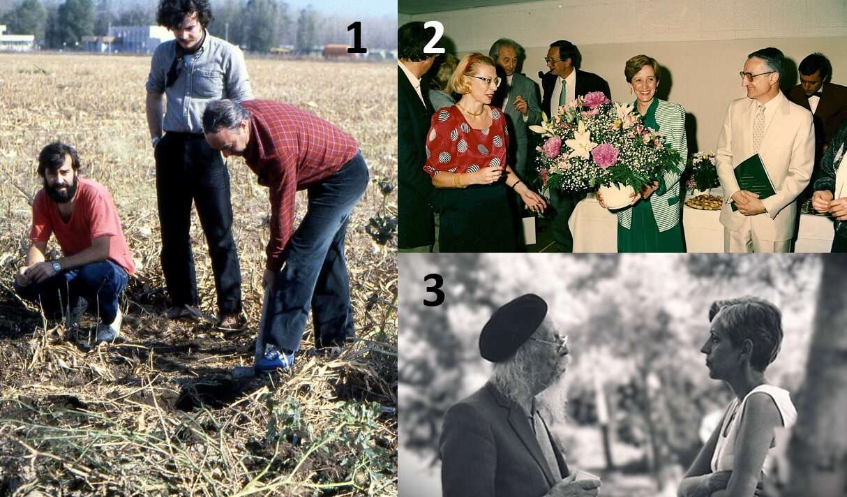 1) Mission en Bulgarie impliquant de gauche à droite les équipes d’écologie (Jacques Cassaing), de génétique (François Bonhomme) et de paléontologie (Louis Thaler) 2) Nicole et Georges Pasteur à l’occasion de la remise de médaille d’argent à Nicole Pasteur 3) René Lavocat et Nicole Pasteur dans les années 90