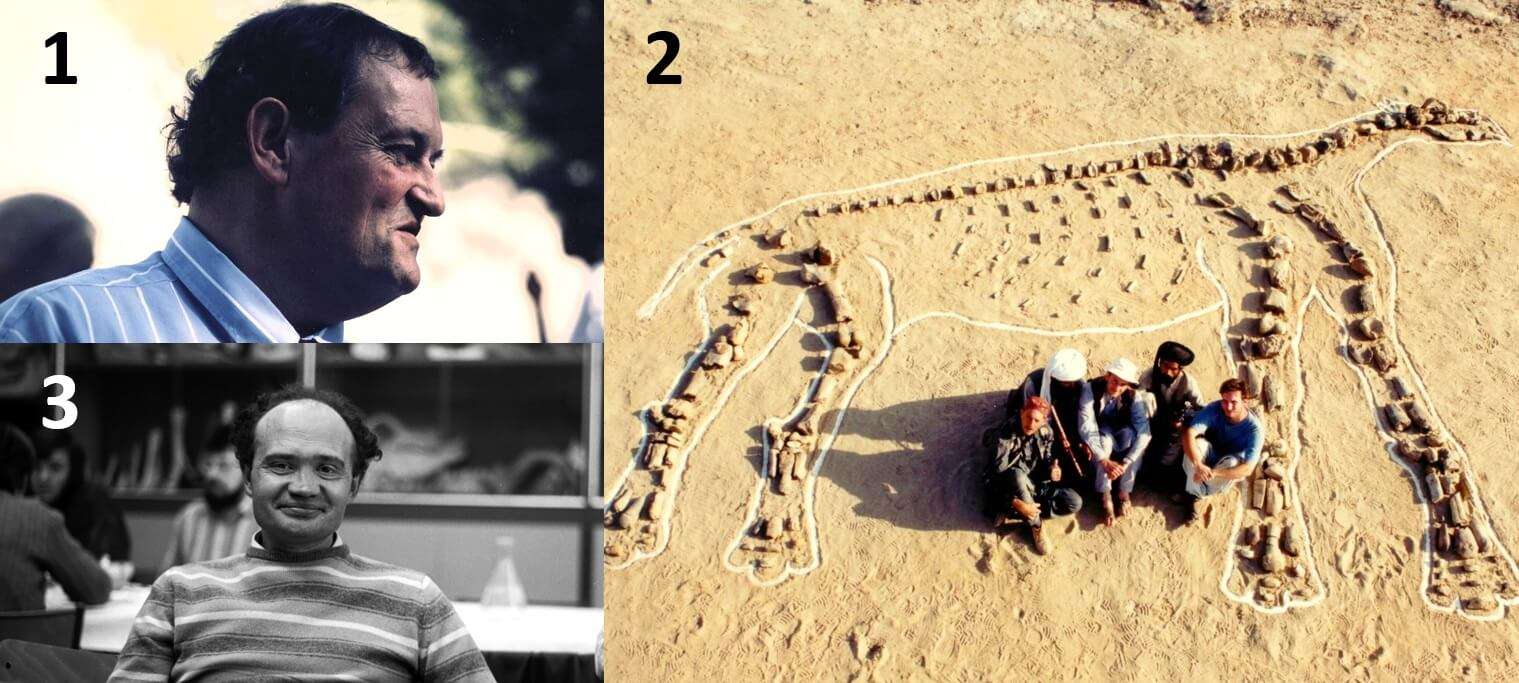 1) Jean-Jacques Jaeger dans les années 90 2) Fouilles au Pakistan pour l’équipe de Paléontologie dont Jean-Loup Welcomme Laurent Marivaux, Grégoire Métais avec une reconstitution du Baluchitherium ©Laurent Marivaux 3)Bernard Delay à l’ISEM, fin des années 80