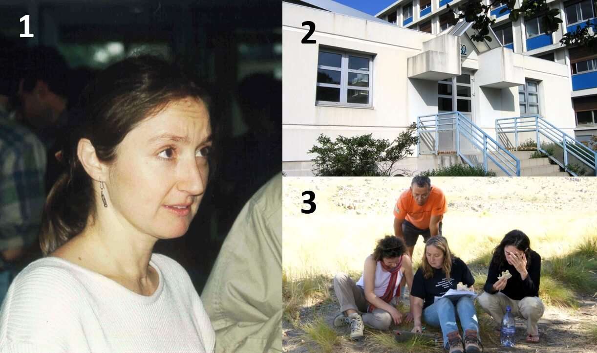 1) Isabelle Olivieri 2) Bâtiment 32 abritant le service commun de Biologie Moléculaire 3) Agnès Mignot, Tony Rebello, Isabelle Olivieri et Jeanne Tonnabel sur le terrain en Afrique du Sud (2010)