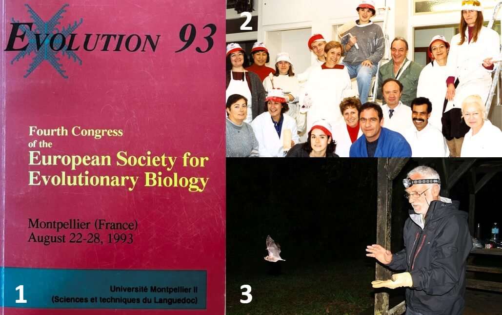 1) Couverture du livre des résumés du congrès international « Evolution 93 » 2) Réfection des locaux de Génétique et Environnement en 1993 (de gauche à droite, en bas : Maité Marquine, Christine Chevillon, Florence Plénat, Josette Catalan, Gilbert Pistre, Bernard Delay, Hassen Ben Cheikh, Denise Heyse ; en haut : Clothide Bernard, Qiao Chuan Ling, Claudie Doums, Philippe Jarne, Nicole Pasteur, Fabienne Fel, Louis Thaler, Jacqueline Grobert, Janice Britton-Davidian 3) François Catzeflis