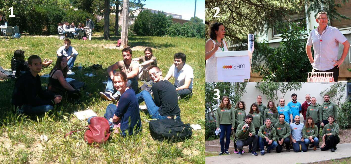 1) Pause déjeuner lors de la journée des doctorants 2012 2) Pot de départ de Jean-Christophe Auffray et cérémonie de « Passation des clés de l’ISEM » à Agnès Mignot en juillet 2013 3) Equipe ISEM du Marathon de Montpellier en 2018 (de gauche à droite, en haut : Marion Lestienne, Catherine Breton, Sandra Unal, Laurent Brémond, Marjolaine Roussel, Johan Anciaux, Sérgio Ferreira Cardoso, Pierrick Labbé, Lionel Hautier, Rudy Caparros Megido ; en bas : Vasilis Dakos, Pierre-Olivier Antoine, Frédéric Delsuc, Alout Haoues, Manon Bonneau, Gwénaël Magne)